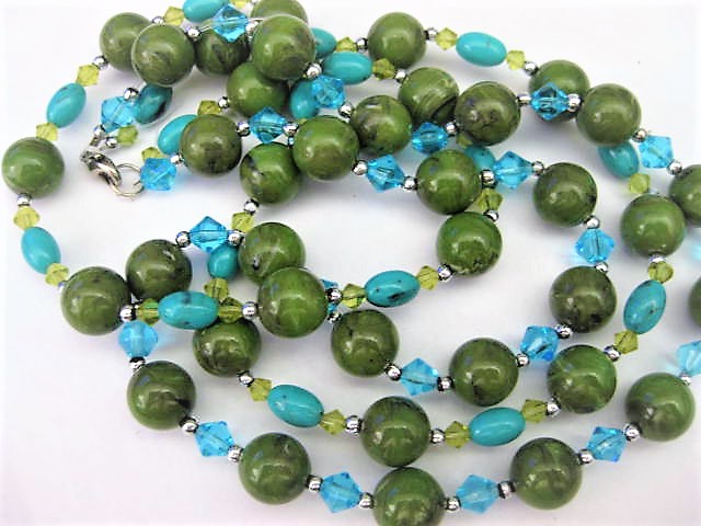 Olive Green & Turquoise Bead Dual Strand Necklace