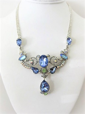 Large Antiqued Pendant Blue Navettes Necklace  by Avon