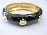 Black Bangle Hinge Bracelet with Pearls  by Cookie Lee