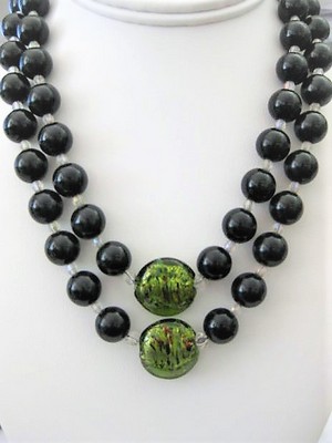 Black Bead and Green Italian Glass Choker Necklace