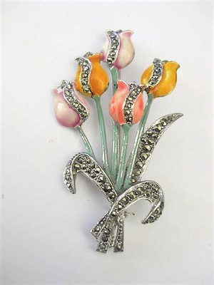 Colorful Tulips Marcasite Brooch Pin