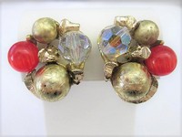 Gold, Red and Crystal Bauble Clip Earrings