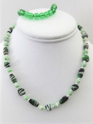 Green Glass Beaded Bracelet Necklace Set