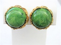 Green Marble Look Clip Earrings