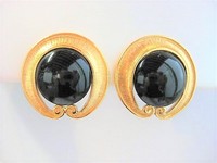 Gold & Black Statement Clip Earrings  by Trifari