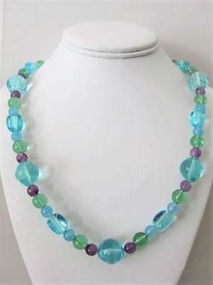 Long Aqua Clear Beaded Necklace