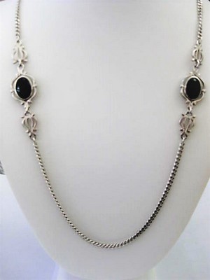 Long Silver Black Bead Necklace   by Sarah Coventry