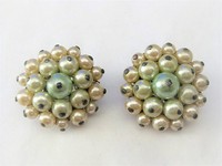 Ivory and Light Aqua Pearl Bead Clip Earrings