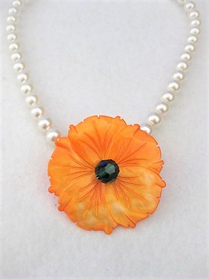 Pearl Choker with Orange Shell Hibiscus