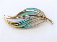 Aqua and Gold-Tone Feather Brooch  by Lisa Lee