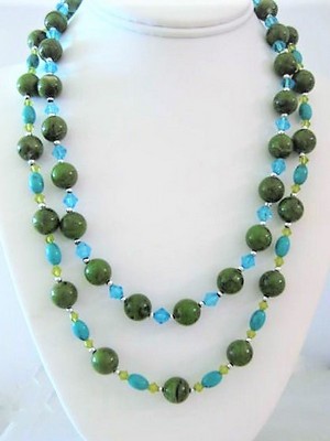 Olive Green & Turquoise Bead Dual Strand Necklace