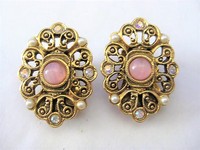 Antique Gold Pink AB Clip Earrings