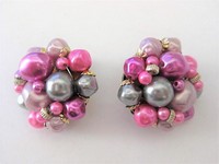 Pink and Silver Cluster Beaded Clip Earrings