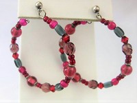 Raspberry Pink Beads Hoop Pierced Earrings