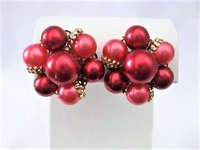 Raspberry Red Bead Clip Earrings