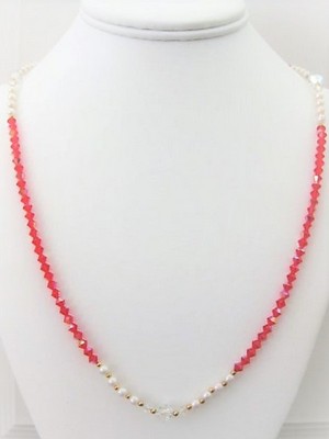 Long Red Crystal and White Pearl Necklace