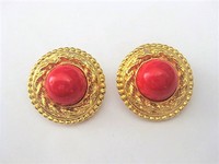 Red and Gold Button Clip Earrings