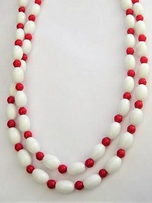 Long Red & White Glass Bead Necklace