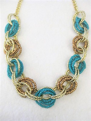 Turquoise Bronze Beaded Link Necklace