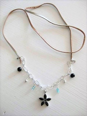 Long Leather & Black Onyx, Apatite Stone Necklace