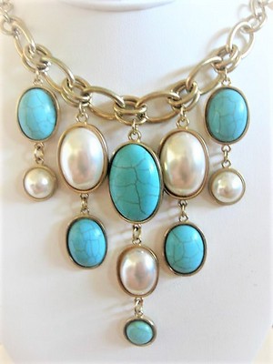 Pearl & Howlite Turquoise Bib Necklace