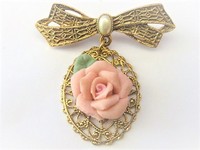 Antiqued Gold Bow & Pink Rose Pin