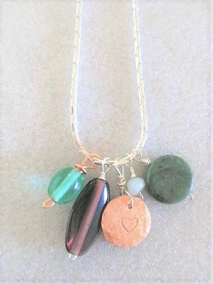 Long Amazonite Agate Cluster Beads Stamped Heart Necklace