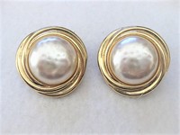 Large Faux Pearl Gold-tone Clip Earrings