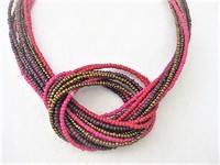 Multiple Strand Knotted Pink Red Bronze Necklace