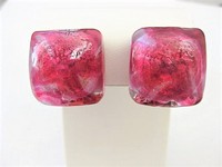 Square Pink Glass Clip Earrings