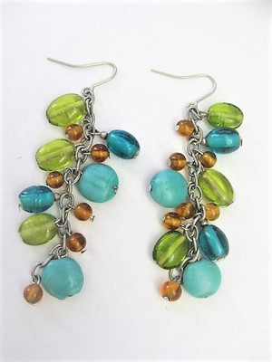 Apatite, Turquoise, Amber Glass Beads Drop Pierced Earrings